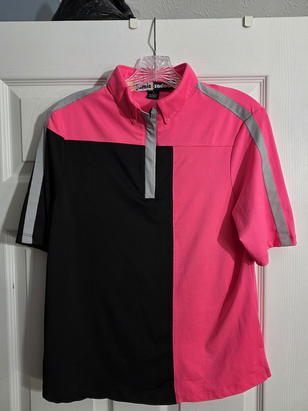 Jamie Sadock Neon Pink and Black Colorblock Golf Polo with Reflective Trim